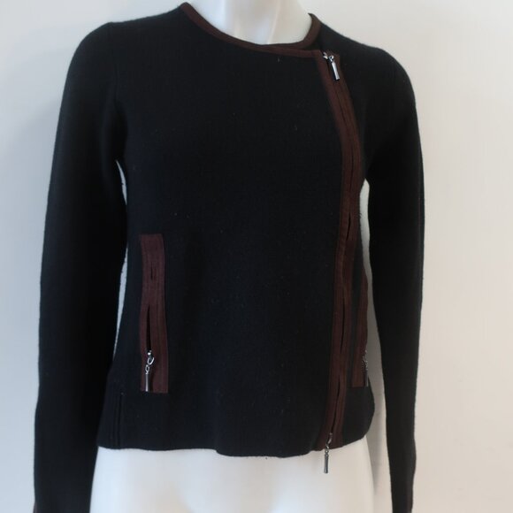 Womens Raffi Black Brown Pure Cashmere Asymmetric Full Zip Cardigan Jacket S - Picture 2 of 16